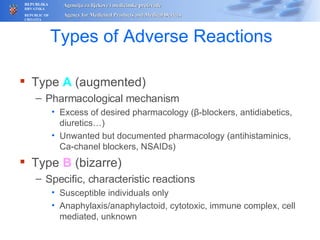 Types of Adverse  Reactions Type  A  (augmented) P harmacological mechanism Excess of desired pharmacology  ( β -blockers, antidiabetics, diuretics…) Unwanted but documented pharmacology ( antihistaminics, Ca-chanel blockers,  NSAID s ) Type  B  (bizarre) Specific, characteristic reactions S usceptible individuals only Anaphylaxis/anaphylactoid, cytotoxic, immune complex, cell mediated, unknown 