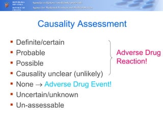 Causality Assessment Definite/certain Probable Possible Causality unclear (unlikely) None      Adverse Drug Event! Uncertain/unknown Un-assessable Adverse Drug Reaction! 