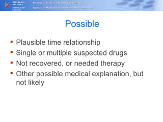 Possible Plausible time relationship Single or multiple suspected drugs Not recovered, or needed therapy Other possible  medical explanation,  but not likely 