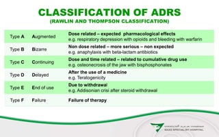 CLASSIFICATION OF ADRS
(RAWLIN AND THOMPSON CLASSIFICATION)
Type A Augmented
Dose related – expected pharmacological effects
e.g. respiratory depression with opioids and bleeding with warfarin
Type B Bizarre
Non dose related – more serious – non expected
e.g. anaphylaxis with beta-lactam antibiotics
Type C Continuing
Dose and time related – related to cumulative drug use
e.g. osteonecrosis of the jaw with bisphosphonates
Type D Delayed
After the use of a medicine
e.g. Teratogenicity
Type E End of use
Due to withdrawal
e.g. Addisonian crisi after steroid withdrawal
Type F Failure Failure of therapy
 