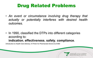 Drug Related Problems
• An event or circumstance involving drug therapy that
actually or potentially interferes with desired health
outcomes.
• In 1990, classified the DTPs into different categories
according to:
indication, effectiveness, safety, compliance.
Introduction to Health Care Delivery: A Primer for Pharmacists Strand et al1990
 
