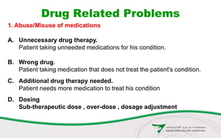 Drug Related Problems
1. Abuse/Misuse of medications
A. Unnecessary drug therapy.
Patient taking unneeded medications for his condition.
B. Wrong drug.
Patient taking medication that does not treat the patient's condition.
C. Additional drug therapy needed.
Patient needs more medication to treat his condition
D. Dosing
Sub-therapeutic dose , over-dose , dosage adjustment
 