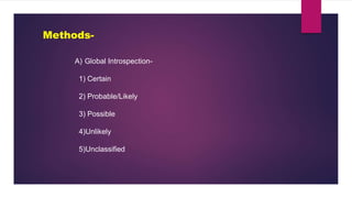 Methods-
A) Global Introspection-
1) Certain
2) Probable/Likely
3) Possible
4)Unlikely
5)Unclassified
 