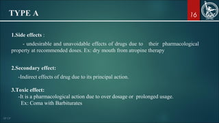 16TYPE A
1.Side effects :
- undesirable and unavoidable effects of drugs due to their pharmacological
property at recommended doses. Ex: dry mouth from atropine therapy
2.Secondary effect:
-Indirect effects of drug due to its principal action.
3.Toxic effect:
-It is a pharmacological action due to over dosage or prolonged usage.
Ex: Coma with Barbiturates
 