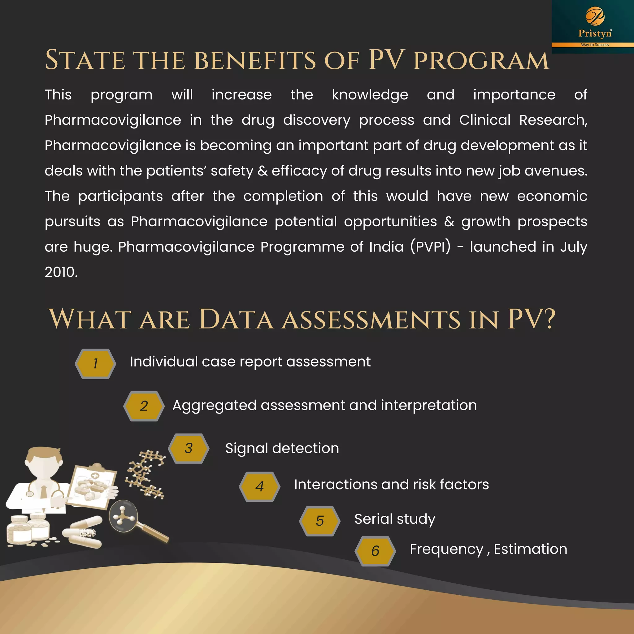 State the benefits of PV program
This program will increase the knowledge and importance of
Pharmacovigilance in the drug discovery process and Clinical Research,
Pharmacovigilance is becoming an important part of drug development as it
deals with the patients’ safety & efficacy of drug results into new job avenues.
The participants after the completion of this would have new economic
pursuits as Pharmacovigilance potential opportunities & growth prospects
are huge. Pharmacovigilance Programme of India (PVPI) - launched in July
2010.
What are Data assessments in PV?
1
2 Aggregated assessment and interpretation
3
4
5
6
 