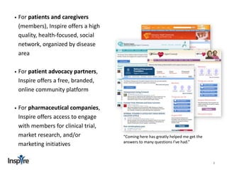 • For patients and caregivers 
(members), Inspire offers a high 
quality, health-focused, social 
network, organized by disease 
area 
• For patient advocacy partners, 
Inspire offers a free, branded, 
online community platform 
• For pharmaceutical companies, 
Inspire offers access to engage 
with members for clinical trial, 
market research, and/or 
marketing initiatives 
3 
“Coming here has greatly helped me get the 
answers to many questions I’ve had.” 
 