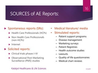 SOURCES of AE Reports:
 Spontaneous reports (SRs):
 Health Care Professionals (HCPs)
 Non Health Care Professionals
(non-HCPs)
 Internet
 Solicited reports:
 Clinical trials phases I-IV
 Observational Post-Marketing
Surveillance (PMS) studies
• Medical literature/ media
• Stimulated reports:
– Patient support programs
– Disease management
– Marketing surveys
– Patient Registries
– Health outcome studies
– Lawsuits
– Quality of life questionnaires
– Medical chart reviews
16
1/11/2017Katalyst Healthcares & Life Sciences
 