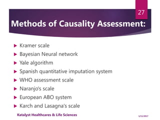 Methods of Causality Assessment:
 Kramer scale
 Bayesian Neural network
 Yale algorithm
 Spanish quantitative imputation system
 WHO assessment scale
 Naranjo's scale
 European ABO system
 Karch and Lasagna's scale
27
1/11/2017Katalyst Healthcares & Life Sciences
 