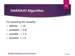 For assessing the causality-
 definite = 9
 probable = 5-8
 possible = 1-4
 doubtful =  0
31
NARANJO Algorithm
1/11/2017Katalyst Healthcares & Life Sciences
 