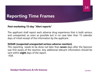 Post-marketing 15-day "Alert reports“
The applicant shall report each adverse drug experience that is both serious
and unexpected, as soon as possible but in no case later than 15 calendar
days of initial receipt of the information by the applicant.
SUSAR (suspected unexpected serious adverse reaction)
This reporting needs to be done not later than seven days after the Sponsor
was first aware of the reaction. Any additional relevant information should be
sent within eight days of the report.
-FDA
34
Reporting Time Frames
1/11/2017Katalyst Healthcares & Life Sciences
 