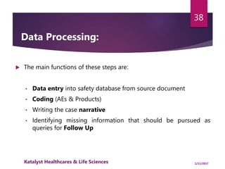  The main functions of these steps are:
• Data entry into safety database from source document
• Coding (AEs & Products)
• Writing the case narrative
• Identifying missing information that should be pursued as
queries for Follow Up
38
Data Processing:
1/11/2017Katalyst Healthcares & Life Sciences
 