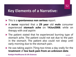  This is a spontaneous non serious report.
 A nurse reported that a 29 year old male consumer
experienced stomach ache on 14Jun2008. while on
therapy with oral aspirin
 The patient stated that he experienced burning type of
stomach ache. The patient could not eat due to the pain
in the stomach. The patient also could not sleep until
early morning due to the stomach pain.
 He was taking aspirin 75mg two times a day orally for the
treatment of low back pain from an unknown date.
52
Key Elements of a Narrative:
1/11/2017Katalyst Healthcares & Life Sciences
 