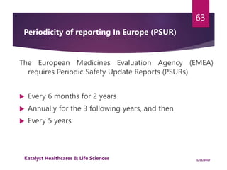Periodicity of reporting In Europe (PSUR)
The European Medicines Evaluation Agency (EMEA)
requires Periodic Safety Update Reports (PSURs)
 Every 6 months for 2 years
 Annually for the 3 following years, and then
 Every 5 years
Each PSUR should be submitted within 70 or 90
days of the last data lock point.
63
1/11/2017Katalyst Healthcares & Life Sciences
 