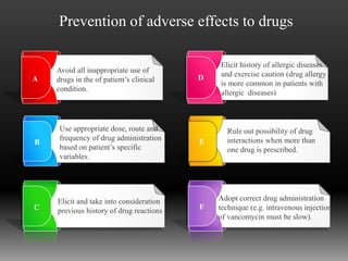 Prevention of adverse effects to drugs
Avoid all inappropriate use of
drugs in the of patient’s clinical
condition.
A
Use appropriate dose, route and
frequency of drug administration
based on patient’s specific
variables.
Elicit and take into consideration
previous history of drug reactions
Elicit history of allergic diseases
and exercise caution (drug allergy
is more common in patients with
allergic diseases)
Rule out possibility of drug
interactions when more than
one drug is prescribed.
Adopt correct drug administration
technique (e.g. intravenous injection
of vancomycin must be slow).
B
C
D
E
F
 