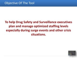 Objective Of The Tool




To help Drug Safety and Surveillance executives
   plan and manage optimized staffing levels
 especially during surge events and other crisis
                   situations.




                                                   -5-
 