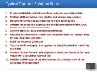 Typical Top-Line Solution Steps

1.   Provide initial data collection tools including forms and templates
2.   Perform staff interviews, time studies and volume assessments
3.   Document start to end case process flow pre-optimization
4.   Perform identification, organization and documentation of the SIPOC
     (Sources, Inputs, Processes, Outputs and Customers)
5.  Analyze activities, data and document findings
6.  Organize data into work streams and determine direct vs. indirect time
    for any FTE processing cases
7. Build the Resource Calculator
8. Test and confirm output. Run against the simulation tool to “tune” the
    calculator
9. Provide “Rule of Thumb” and polynomial prediction formula’s for rapid
    Volume/FTE calculation without tool
10. Perform walkthrough of the simulator results and operation of the
    calculator with client staff

                                                                             -9-
 
