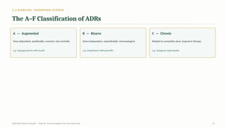 3.2 RAWLINS–THOMPSON SYSTEM
The A–F Classification of ADRs
A — Augmented
Dose-dependent, predictable; common, low mortality
e.g. Hypoglycaemia with insulin
B — Bizarre
Dose-independent, unpredictable, immunological
e.g. Anaphylaxis with penicillin
C — Chronic
Related to cumulative dose, long-term therapy
e.g. Analgesic nephropathy
AyUG-RB Dr.Kiran S Edayath · Topic 26· Pharmacovigilance for Ayurveda Drugs 15
 