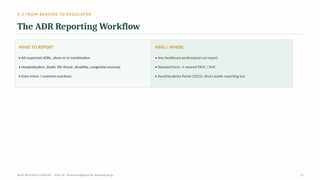 4.3 FROM BEDSIDE TO REGULATOR
The ADR Reporting Workflow
WHAT TO REPORT
• All suspected ADRs, alone or in combination
• Hospitalisation, death, life-threat, disability, congenital anomaly
• Even minor / common reactions
WHO / WHERE
• Any healthcare professional can report
• Standard form → nearest PPvC / IPvC
• AyushSuraksha Portal (2025): direct public reporting too
AyUG-RB Dr.Kiran S Edayath · Topic 26· Pharmacovigilance for Ayurveda Drugs 21
 