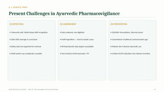 6.1 DEBATE PREP
Present Challenges in Ayurvedic Pharmacovigilance
(i) DETECTION
• ‘Inherently safe’ belief delays ADR recognition
• Little ADR coverage in curriculum
• Safety data not organised for retrieval
• Multi-system use complicates causality
(ii) ASSESSMENT
• Data scattered, non-digitised
• Multi-ingredient — hard to isolate cause
• PK/toxicokinetic data largely unavailable
• Few trained in both Ayurveda + PV
(iii) PREVENTION
• 100,000+ formulations, informal sector
• Conventional–traditional communication gap
• Patients don't disclose Ayurvedic use
• Limited UG/PG attention; low industry incentive
AyUG-RB Dr.Kiran S Edayath · Topic 26· Pharmacovigilance for Ayurveda Drugs 29
 