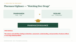 1.1 WHAT DOES THE TERM MEAN?
Pharmaco-Vigilance — “Watching Over Drugs”
PHARMAKON
Greek · “drug” + VIGILARE
Latin · “to keep watch”
PHARMACOVIGILANCE
WHO Definition
The science and activities relating to detection, assessment, understanding, and prevention of adverse effects
or any drug-related problem.
AyUG-RB Dr.Kiran S Edayath · Topic 26 · Pharmacovigilance for Ayurveda Drugs 5
 