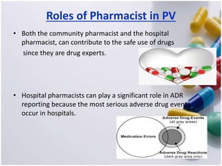 Roles of Pharmacist in PV
• Both the community pharmacist and the hospital
pharmacist, can contribute to the safe use of drugs
since they are drug experts.
• Hospital pharmacists can play a significant role in ADR
reporting because the most serious adverse drug events
occur in hospitals.
 
