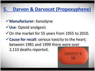 5. Darvon & Darvocet (Propoxyphene)
Manufacturer: Xanodyne
Use: Opioid analgesic
On the market for 55 years from 1955 to 2010.
Cause for recall: serious toxicity to the heart;
between 1981 and 1999 there were over
2,110 deaths reported.
 