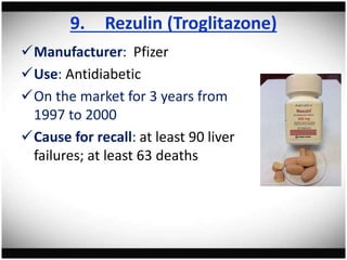 9. Rezulin (Troglitazone)
Manufacturer: Pfizer
Use: Antidiabetic
On the market for 3 years from
1997 to 2000
Cause for recall: at least 90 liver
failures; at least 63 deaths
 