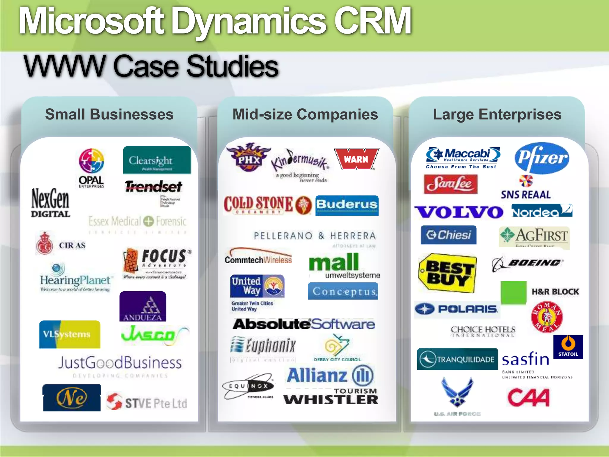 Microsoft Dynamics CRM
WWW Case Studies
 Small Businesses   Mid-size Companies   Large Enterprises
 