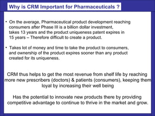 On the average, Pharmaceutical product development reaching  consumers after Phase III is a billion dollar investment,  takes 13 years and the product uniqueness patent expires in  15 years – Therefore difficult to create a product. Takes lot of money and time to take the product to consumers,  and ownership of the product expires sooner than any product  created for its uniqueness. CRM thus helps to get the most revenue from shelf life by reaching  more new prescribers (doctors) & patients (consumers), keeping them loyal by increasing their well being  Has the potential to innovate new products there by providing  competitive advantage to continue to thrive in the market and grow. Why is CRM Important for Pharmaceuticals ? 