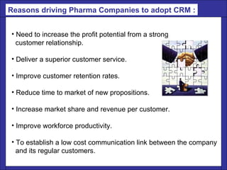 Need to increase the profit potential from a strong  customer relationship. Deliver a superior customer service.  Improve customer retention rates.  Reduce time to market of new propositions.  Increase market share and revenue per customer.  Improve workforce productivity.  To establish a low cost communication link between the company  and its regular customers. Reasons driving Pharma Companies to adopt CRM : 
