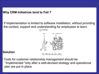 Why CRM Initiatives tend to Fail ? If Implementation is limited to software installation, without providing the context, support and understanding for employees to learn. Solution  Tools for customer relationship management should be ‘’ Implemented "only after a well-devised strategy and operational  plan are put in place  