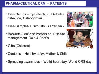 PHARMACEUTICAL CRM  -  PATIENTS  <ul><li>Free Camps – Eye check up, Diabetes </li></ul><ul><li>detection, Osteoporosis. </...