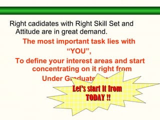Right cadidates with Right Skill Set and Attitude are in great demand. The most important task lies with  “ YOU”,  To define your interest areas and start concentrating on it right from  Under Graduate Level. Let’s start it from  TODAY !! 