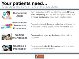 !5
Your patients need…
To address the 69% + 15% of their problems
Customized
Alerts
Every individual is different. So they need diﬀerent
alert frequency that ﬁts their life style - almost like
a virtual assistant without even creating them.
Rewards always inﬂuence behavior which can be
in any form - virtual goods, social recognition etc.
On time
Interventions
Personalized communication relating to their
condition.
Coaching &
Information
Easy access to right information relating to their
condition and disease state.
Personalized
Rewards &
Promotions
 