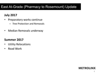 4
East At-Grade (Pharmacy to Rosemount) Update
July 2017
• Preparatory works continue
– Tree Protection and Removals
• Median Removals underway
Summer 2017
• Utility Relocations
• Road Work
 