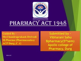 Pharmacy Act 1948
Guided By -
Mr.Chandraprakash Dwivedi
M.Pharma (Pharmaceutics)
ACP Durg ,C .G
Submitted by –
Vibharani Sahu
Bpharmacy(5thsem)
Apollo college of
Pharmacy, Durg
VIBHA/ACP
 