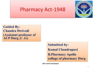 Pharmacy Act-1948
Guided By-
Chandra Dwivedi
(Assistant professor of
ACP Durg ,C .G)
Submitted by-
Komal Chandrapaxi
B.Pharmacy Apollo
collage of pharmacy Durg
ACP/ komal chandrapaxi
1
 