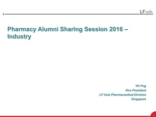 1
Pharmacy Alumni Sharing Session 2016 –
Industry
YK Png
Vice President
LF Asia Pharmaceutical Division
Singapore
 