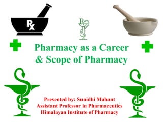 Pharmacy as a Career
& Scope of Pharmacy
Presented by: Sunidhi Mahant
Assistant Professor in Pharmaceutics
Himalayan Institute of Pharmacy
 