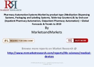 Pharmacy Automation Systems Market by product type (Medication Dispensing
Systems, Packaging and Labeling Systems, Table-top Counters) & by End-user
(Inpatient Pharmacy Automation, Outpatient Pharmacy Automation) – Global
Forecasts & Trends to 2019
By
MarketsandMarkets
Browse more reports on Market Research @
http://www.rnrmarketresearch.com/reports/life-sciences/medical-
devices
© RnRMarketResearch.com ; sales@rnrmarketresearch.com ;
+1 888 391 5441
 