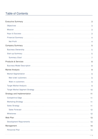 Table of Contents
Executive Summary 3
Objectives 3
Mission 3
Keys to Success 3
Financial Summary 4
Net Profit 4
Company Summary 5
Business Ownership 5
Start-up Summary 5
Summary Chart 7
Products & Services 8
Business Model Description 8
Market Analysis 9
Market Segmentation 9
Mail order customers 9
Walk-in customers 9
Target Market Analysis 9
Target Market Segment Strategy 10
Strategy and Implementation 11
Competitive Edge 11
Marketing Strategy 11
Sales Strategy 11
Sales Forecast 12
Milestones 12
Web Plan 13
Development Requirements 13
Management 14
Personnel Plan 14
1 / 18
 