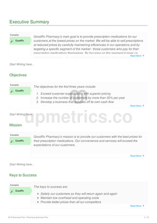 Executive Summary
Start Writing here...
Examples
 GoodRx
GoodRx Pharmacy's main goal is to provide prescription medications for our
customers at the lowest prices on the market. We will be able to sell prescriptions
at reduced prices by carefully maintaining efficiencies in our operations and by
targeting a specific segment of the market - those customers who pay for their
prescription medications themselves. By focusing on this segment it gives us
additional efficiencies - we avoid disruptions in cash flow often associated with
Objectives
Start Writing here...
Examples
 GoodRx
The objectives for the first three years include:
1. Exceed customer expectations with superior pricing
2. Increase the number of customers by more than 30% per year
3. Develop a business that survives off its own cash flow
Mission
Start Writing here...
Examples
 GoodRx
GoodRx Pharmacy's mission is to provide our customers with the best prices for
their prescription medications. Our convenience and services will exceed the
expectations of our customers.
Keys to Success
Examples
 GoodRx
The keys to success are:
Satisfy our customers so they will return again and again
Maintain low overhead and operating costs
Provide better prices than all our competitors
upmetrics.co
Read More 
Read More 
Read More 
Read More 
2019 Business Plan | Pharmacy Business Plan 3 / 18
 