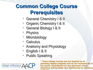 Common College CourseCommon College Course
PrerequisitesPrerequisites
• General Chemistry I & IIGeneral Chemistry I & II
• Organic Chemistry I & IIOrganic Chemistry I & II
• General Biology I & IIGeneral Biology I & II
• PhysicsPhysics
• MicrobiologyMicrobiology
• CalculusCalculus
• Anatomy and PhysiologyAnatomy and Physiology
• English I & IIEnglish I & II
• Public SpeakingPublic Speaking
* These college courses are not required by all* These college courses are not required by all
pharmacy degree programs and do not represent all ofpharmacy degree programs and do not represent all of
the course requirements for any pharmacy school.the course requirements for any pharmacy school.
Admission prerequisites vary significantly by pharmacyAdmission prerequisites vary significantly by pharmacy
 