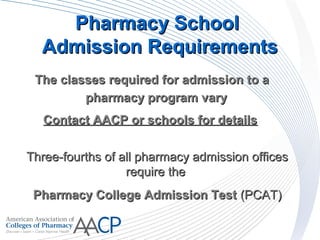 Pharmacy SchoolPharmacy School
Admission RequirementsAdmission Requirements
The classes required for admission to aThe classes required for admission to a
pharmacy program varypharmacy program vary
Contact AACP or schools for detailsContact AACP or schools for details
Three-fourths of all pharmacy admission officesThree-fourths of all pharmacy admission offices
require therequire the
Pharmacy College Admission TestPharmacy College Admission Test (PCAT)(PCAT)
 