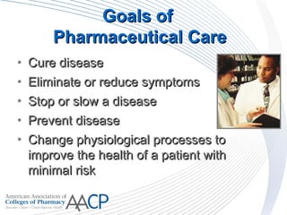 Goals ofGoals of
Pharmaceutical CarePharmaceutical Care
• Cure diseaseCure disease
• Eliminate or reduce symptomsEliminate or reduce symptoms
• Stop or slow a diseaseStop or slow a disease
• Prevent diseasePrevent disease
• Change physiological processes toChange physiological processes to
improve the health of a patient withimprove the health of a patient with
minimal riskminimal risk
 