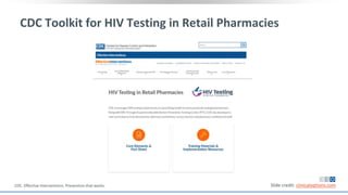 CDC Toolkit for HIV Testing in Retail Pharmacies
Slide credit: clinicaloptions.comCDC. Effective Interventions. Prevention that works.
 