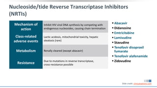 Nucleoside/tide Reverse Transcriptase Inhibitors
(NRTIs)
Mechanism of
action
Inhibit HIV viral DNA synthesis by competing with
endogenous nucleosides, causing chain termination
Class-related
adverse events
Lactic acidosis, mitochondrial toxicity, hepatic
steatosis (rare)
Metabolism Renally cleared (except abacavir)
Resistance
Due to mutations in reverse transcriptase,
cross-resistance possible
 Abacavir
 Didanosine
 Emtricitabine
 Lamivudine
 Stavudine
 Tenofovir disoproxil
fumarate
 Tenofovir alafenamide
 Zidovudine
Slide credit: clinicaloptions.com
 