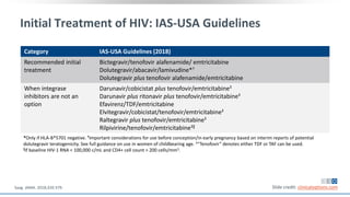 Initial Treatment of HIV: IAS-USA Guidelines
Category IAS-USA Guidelines (2018)
Recommended initial
treatment
Bictegravir/tenofovir alafenamide/ emtricitabine
Dolutegravir/abacavir/lamivudine*†
Dolutegravir plus tenofovir alafenamide/emtricitabine
When integrase
inhibitors are not an
option
Darunavir/cobicistat plus tenofovir/emtricitabine‡
Darunavir plus ritonavir plus tenofovir/emtricitabine‡
Efavirenz/TDF/emtricitabine
Elvitegravir/cobicistat/tenofovir/emtricitabine‡
Raltegravir plus tenofovir/emtricitabine‡
Rilpivirine/tenofovir/emtricitabine‡ǁ
*Only if HLA-B*5701 negative. †Important considerations for use before conception/in early pregnancy based on interim reports of potential
dolutegravir teratogenicity. See full guidance on use in women of childbearing age. ‡“Tenofovir” denotes either TDF or TAF can be used.
ǁIf baseline HIV-1 RNA < 100,000 c/mL and CD4+ cell count > 200 cells/mm3.
Slide credit: clinicaloptions.comSaag. JAMA. 2018;320:379.
 