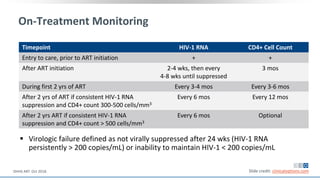 On-Treatment Monitoring
 Virologic failure defined as not virally suppressed after 24 wks (HIV-1 RNA
persistently > 200 copies/mL) or inability to maintain HIV-1 < 200 copies/mL
Slide credit: clinicaloptions.comDHHS ART. Oct 2018.
Timepoint HIV-1 RNA CD4+ Cell Count
Entry to care, prior to ART initiation + +
After ART initiation 2-4 wks, then every
4-8 wks until suppressed
3 mos
During first 2 yrs of ART Every 3-4 mos Every 3-6 mos
After 2 yrs of ART if consistent HIV-1 RNA
suppression and CD4+ count 300-500 cells/mm3
Every 6 mos Every 12 mos
After 2 yrs ART if consistent HIV-1 RNA
suppression and CD4+ count > 500 cells/mm3
Every 6 mos Optional
 