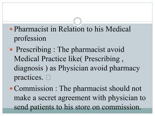  Pharmacist in Relation to his Medical
profession
 Prescribing : The pharmacist avoid
Medical Practice like( Prescribing ,
diagnosis ) as Physician avoid pharmacy
practices.
 Commission : The pharmacist should not
make a secret agreement with physician to
send patients to his store on commission.
 